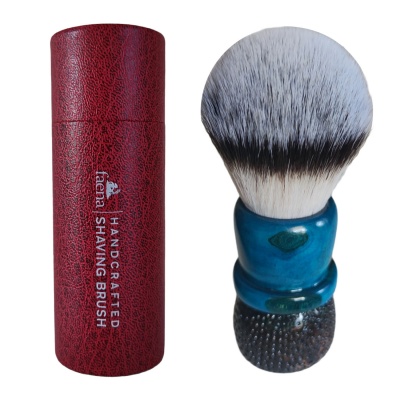 Olive wood rusticated blue shaving brush with 28mm synthetic knot