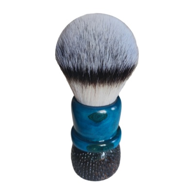 Olive wood rusticated blue shaving brush with 28mm synthetic knot